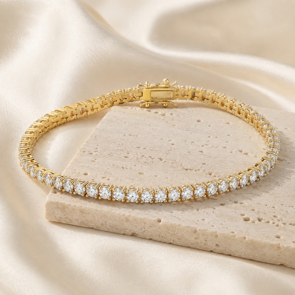 14K Gold Over Silver 7 Inch Cubic Zirconia Tennis Bracelet Round Cut CZ Sparkle
